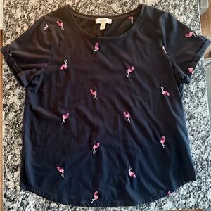 Vintage America Black Tee with Pink Flamingo Embroidery